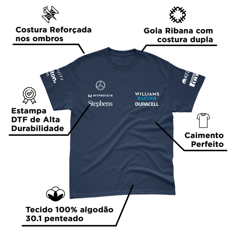 Camiseta Algodão Alex Albon Williams 2024 Azul Marinho