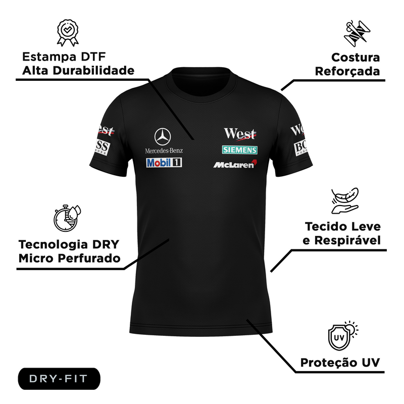 Camiseta DryFit Mclaren West Mercedes Retrô Preta